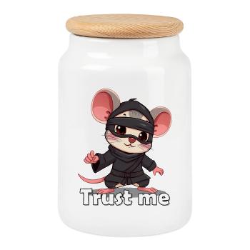 Kleiner Ninja Mäuse Motiv Druck - Keksdose mit Holzdeckel - Weiß - Vorne