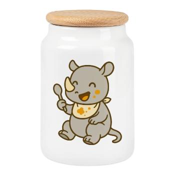 Feeding with the baby rhino – Sweet and wild - Cookie Jar with Wooden Lid - white - Front