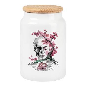 Kirschblüten-Totenkopf und Zen-Gesichtskunst - Keksdose mit Holzdeckel - Weiß - Vorne