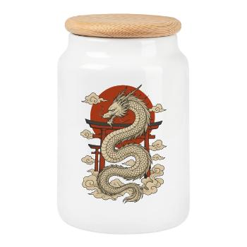 Japanischer Drache mit Torii und roter Sonne - Keksdose mit Holzdeckel - Weiß - Vorne