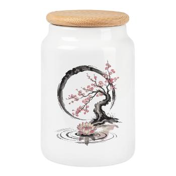 Zen Bonsai with Lotus and Cherry Blossom - Cookie Jar with Wooden Lid - white - Front