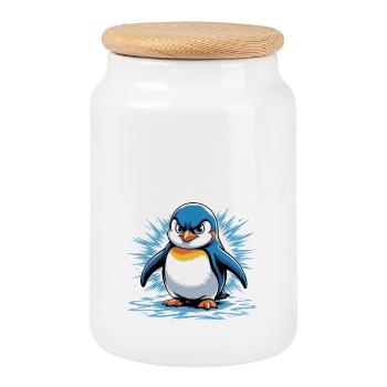Good morning? Very thin ! Funny Penguin - Cookie Jar with Wooden Lid - white - Front