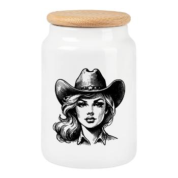 Retro Cow Girl, Line Art Western Style - Cookie Jar with Wooden Lid - white - Front