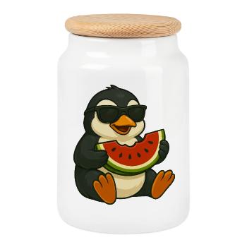 pingouin mignon avec des fruits de melon dessin animé d’été - Boîte à biscuits avec couvercle en bois - blanc - Devant