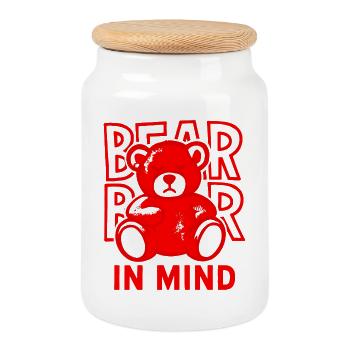 Bear in Mind – Roter Teddy Bär Shirt Statement Red - Keksdose mit Holzdeckel - Weiß - Vorne