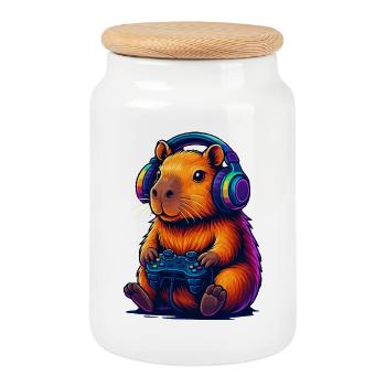 Gaming Capybara Vibes - Cookie Jar with Wooden Lid - white - Front