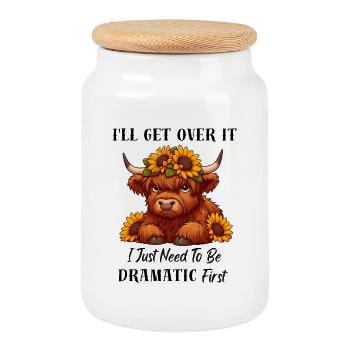 I Just Need To Be Dramatic First, Highland Cow - Cookie Jar with Wooden Lid - white - Front