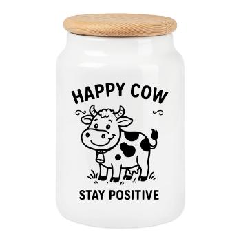 Vache heureuse - Boîte à biscuits avec couvercle en bois - blanc - Devant
