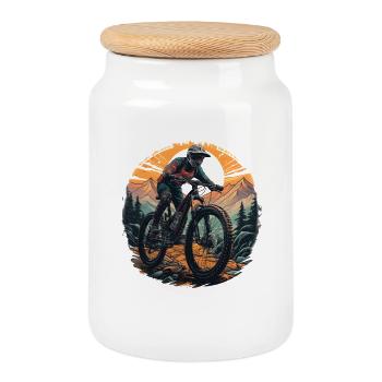 Mountain biking - Cookie Jar with Wooden Lid - white - Front