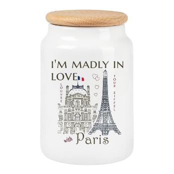 Paris, Louvre et la Tour Eiffel dessinés à la main - Boîte à biscuits avec couvercle en bois - blanc - Devant