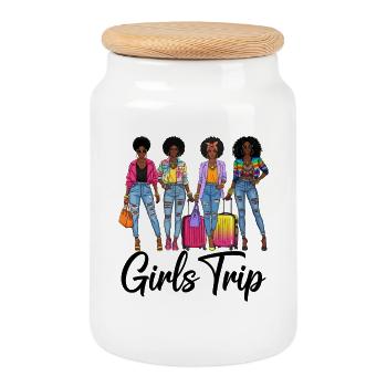 Fashionistas with colorful travel gear - Cookie Jar with Wooden Lid - white - Front