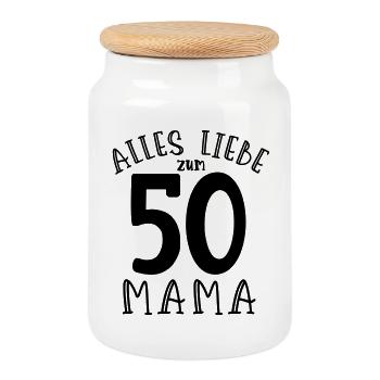 Happy 50th Birthday Mom - Cookie Jar with Wooden Lid - white - Front
