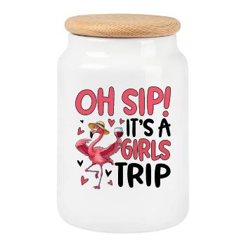 Pink Flamingo Drinking Fun Design - Cookie Jar with Wooden Lid - white - Front