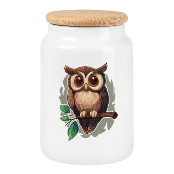 Owl - Cookie Jar with Wooden Lid - white - Front