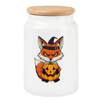 Halloween fox with pumpkin: cartoon illustration - Cookie Jar with Wooden Lid - white - Front