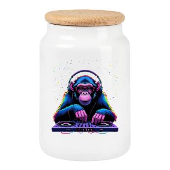 Colorful DJ monkey with headphones and glasses - Cookie Jar with Wooden Lid - white - Front