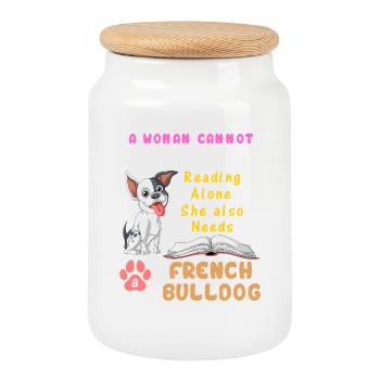 A Woman Needs French Bulldog – Reading & Dog Lover - Cookie Jar with Wooden Lid - white - Front
