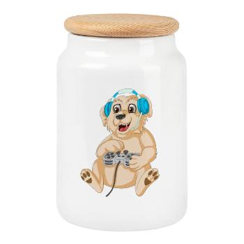 Chien de jeu ludique golden retriever - Boîte à biscuits avec couvercle en bois - blanc - Devant