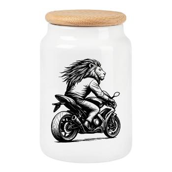 Lio as a biker - Cookie Jar with Wooden Lid - white - Front