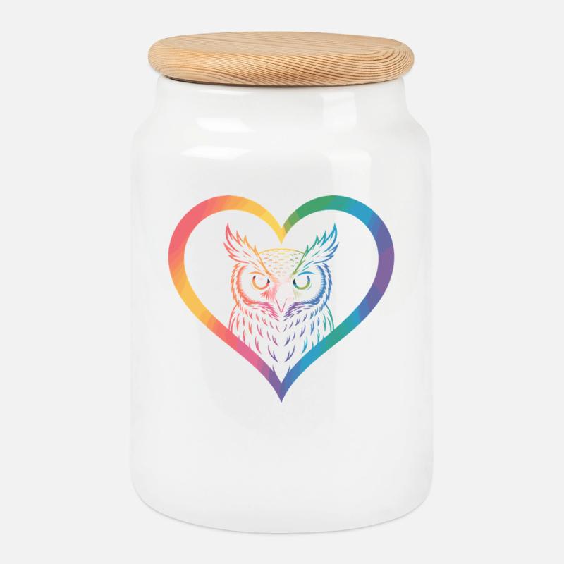 Regenbogen Eulen Herz Design - Keksdose mit Holzdeckel - Weiß