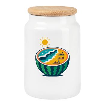 Coucher de soleil sur la plage, yoga, amoureux de pastèque - Boîte à biscuits avec couvercle en bois - blanc - Devant