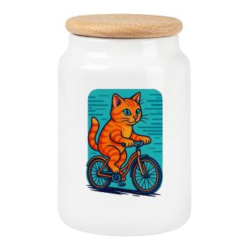 Illustration d'un chat orange ludique faisant du vélo - Boîte à biscuits avec couvercle en bois - blanc - Devant