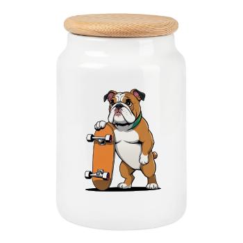 Bouledogue avec skateboard - Boîte à biscuits avec couvercle en bois - blanc - Devant