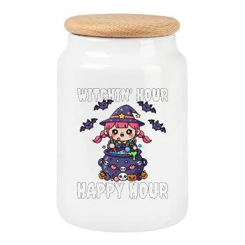 WITCHIN' HOUR HAPPY HOUR - HEXE HALLOWEEN - Keksdose mit Holzdeckel - Weiß - Vorne