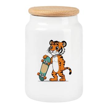 Artistic tiger with skateboard - Cookie Jar with Wooden Lid - white - Front