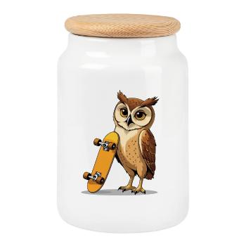 Owl with skateboard illustration - Cookie Jar with Wooden Lid - white - Front