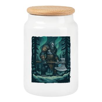 Viking Bigfoot Cryptid Norse Sasquatch Yeti - Cookie Jar with Wooden Lid - white - Front