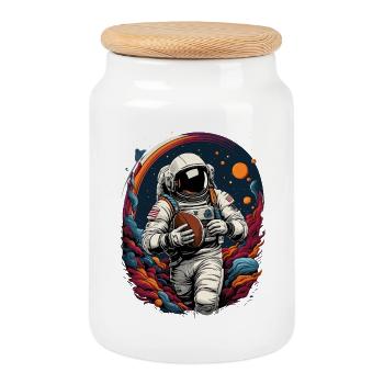 Cosmic Football Astronaut Playing Space Football - Cookie Jar with Wooden Lid - white - Front