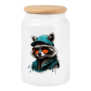 Cooler Waschbär mit Sonnenbrille und Cap - Keksdose mit Holzdeckel - Weiß - Vorne