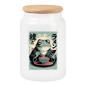 Lustiger Frosch, mürrisch, Japanische Kunst, Ramen - Boîte à biscuits avec couvercle en bois - blanc - Devant