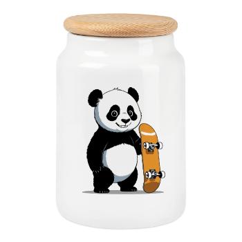 Skateboard Panda Illustration - Cookie Jar with Wooden Lid - white - Front