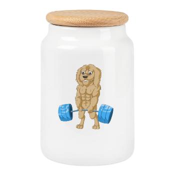 Strong Golden Doodle Dog Lifting Weights Fitness - Cookie Jar with Wooden Lid - white - Front