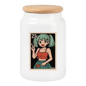 Illustration de cachet postal de fille d’anime - Boîte à biscuits avec couvercle en bois - blanc - Devant