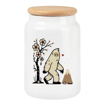Niedliches Yeti mit Kirschblüten und Vulkan - Keksdose mit Holzdeckel - Weiß - Vorne
