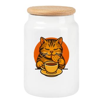 Chat savourant le thé avec un biscuit, Love Cats - Boîte à biscuits avec couvercle en bois - blanc - Devant