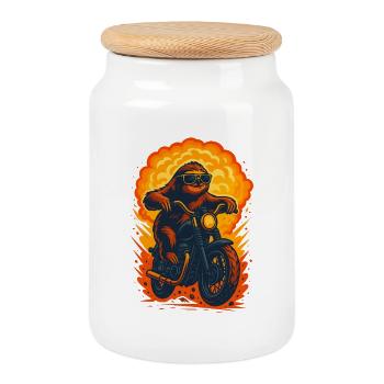 Cool Sloth Riding Motorcycle, Love Slots  - Cookie Jar with Wooden Lid - white - Front