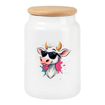 Se détendre avec des lunettes de soleil vache - Boîte à biscuits avec couvercle en bois - blanc - Devant