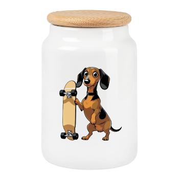 Dackel mit Skateboard Design - Keksdose mit Holzdeckel - Weiß - Vorne