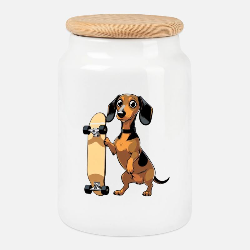 Dackel mit Skateboard Design - Keksdose mit Holzdeckel - Weiß