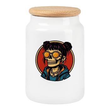 Skull Lady in Street Style Skeleton Look - Cookie Jar with Wooden Lid - white - Front