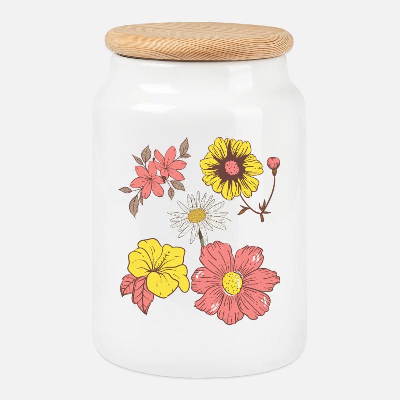 Retro Blumenmuster – Bunte Vintage Blume - Keksdose mit Holzdeckel - Weiß