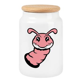 La chenille jette un œil hors du trou et sourit au doux ver, une bande dessinée amusante - Boîte à biscuits avec couvercle en bois - blanc - Devant
