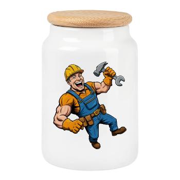 Cheerful cartoon construction worker with tools - Cookie Jar with Wooden Lid - white - Front