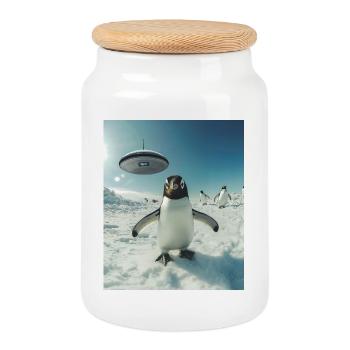 Pinguin Selfie mit UFO - Keksdose mit Holzdeckel - Weiß - Vorne