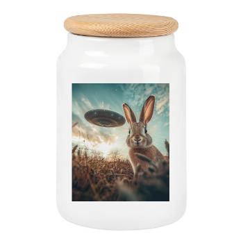 Hase Selfie mit UFO - Keksdose mit Holzdeckel - Weiß - Vorne