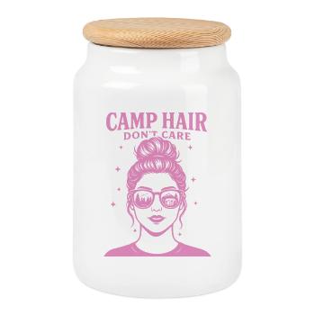 Camp Hair Don't Care Funny Camping Camper - Cookie Jar with Wooden Lid - white - Front